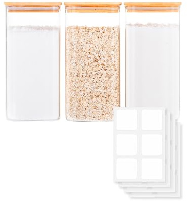 GIRAFFYCO Square Borosilicate Glass Food Storage Jars, 3 Pack, 1600 ml | BPA-Free Airtight Storage Jars for Flour, Rice, Pasta, Cereal & Snacks, Space-Saving Square Design, Customisable Labels