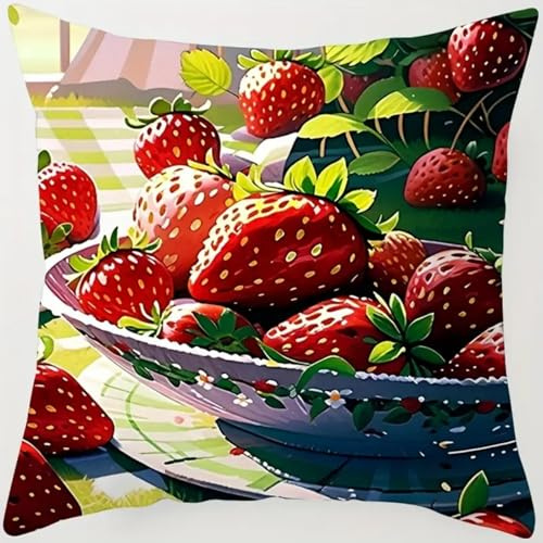 ANSIWEIGO Juego de cojines de nudos de 43 x 43 cm, juego de anudados DIY con gancho de anudar e hilo – Cojín para anudar uno mismo, cojín decorativo para adultos y niños, fresas de picnic