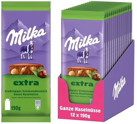 Milka Schokolade Extra Ganze Haselnüsse – Alpenmilch-Schokolade mit knackigen ganzen Haselnüssen – 12 x 190g