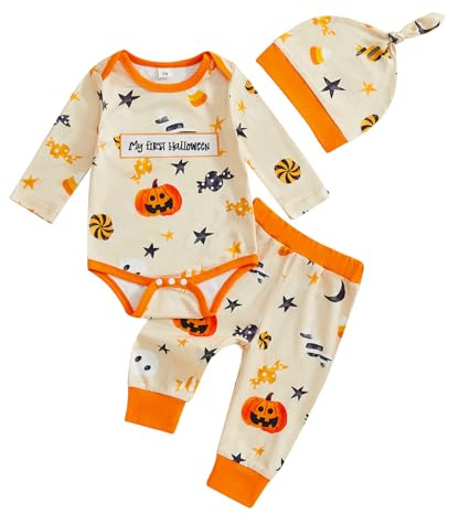 Newborn First Halloween Clothes Baby Boy Pumpkin Romper Outfits Long Sleeve Jumpsuit Pant Hat 3Pcs Suits for Infant Boys Halloween Pajamas Clothing Sets (Orange, 3-6 Months)