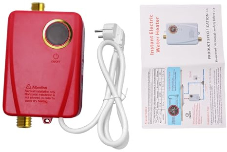 Durchlauferhitzer 3500W Elektrisch mit LED-Anzeige Sofort Warmwasser Mini Elektro Warmwasser Durchlauferhitzer Wandmontage (Rot)
