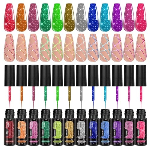 Glittergellack Reflekterande Långvarigt Gel Manikyr Liner Kit Design | 12 Färger Nagel Design Nagellack För Glitter Nagel Kvinnor Hemma Fest Helg Sommar Manikyr Liner Kit