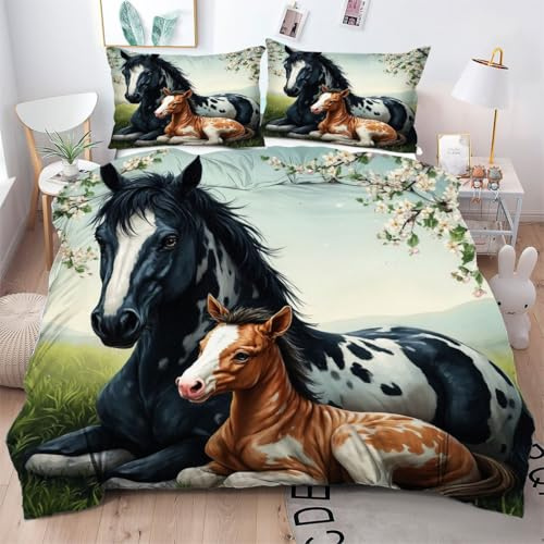 Gumntun Double Bedding Set Colourful Animal Horse, Microfiber Quilt Cover Double Universal for All Seasons, 1 Duvet Cover 78x 78 (200x200 cm)+2 Pillowcases 19 x 29 (50x75 cm)