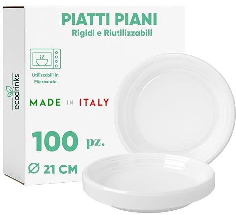 ecodrinks - 100 Piatti Piani Bianchi da Ø21cm - RIUTILIZZABILI - Base Antiscivolo, Robusti e Lavabili - Ideali per Sagre, Feste, Eventi - Scelta Ecologica e Sostenibile