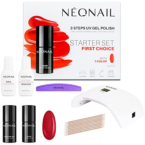 NÉONAIL Starter Set FIRST CHOICE - LED UV Lampe - UV Nagellack - Shellac - Maniküre Set - Top - Shellac Set Starterset mit Lampe - Sets - Nagellack Set - Farben - Base - Manicure - Nagelset