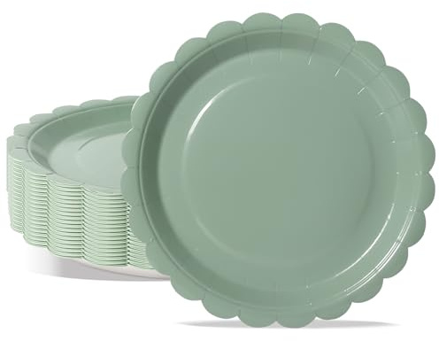 PYAILI 50Stück Pappteller, Partyteller Kindergeburtstag Teller Set ​18 CM Partygeschirr Set, Gekräuselt Salbeigrün Einweg Papier Teller zum Abschlussfeier, Silvester, Kindergeburtstag, Geburtstag