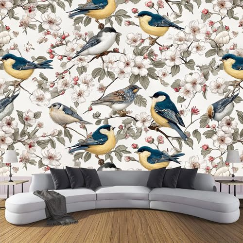 Nahtloses Florales Vogeldesign Panorama Tapete Seide 150x105cm, Fototapete Retro-Ländlicher Stil, Wand Für Wohnzimmer Kinderzimmer Schlafzimmer Dekoration Poster Tapete, Gelb