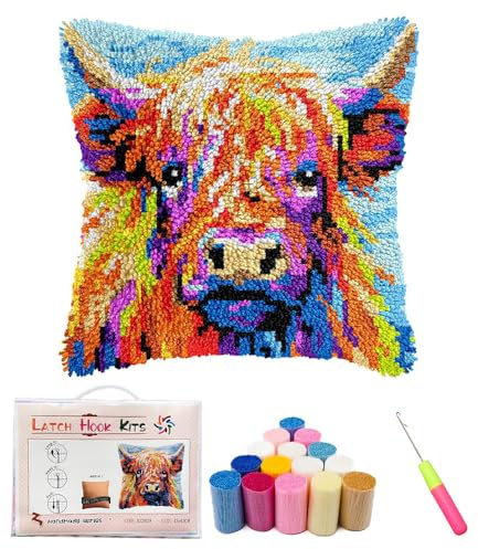 Kaseremy Latch Hook Cushion Kits for Adults Beginners, Highland Cow Cushion Covers for Crafting, Crochet Craft Kits DIY Animal Pillow Case Sofa Home Decor (Highland Cow B)