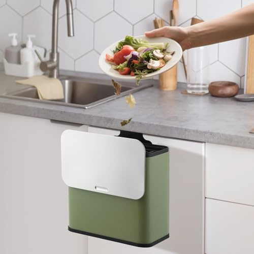 MilleLoom Kitchen Compost Bin for Countertop or Under Sink, 1.3 Gallon Stainless Steel Hanging Trash Can with Lid, Small Compost Caddy Metal Waste Bin for Bathroom Bedroom RV, Green