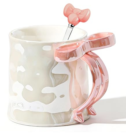 Söt kopp med rosett – 350 ml kaffekopp rosa, söt mugg keramisk kopp för kaffe & te, högkvalitativa porslinskoppar med handtag för hem och kontor