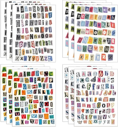 12er Set Buchstaben Sticker für Scrapbook Zubehör, Selbstklebende Vintage Aufkleber für Journaling, Ästhetische Klebebuchstaben für Fotoalbum, Laptop und DIY Bastelprojekte, 4 Designs