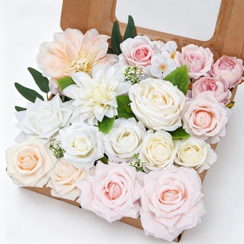 Artificial Flowers Combo Box Pink and White Artificial Roses Peonies Heads | Faux Peony Flower Heads Silk Fake Dahlia Flowers for Cake Decor DIY Wedding Bouquet Baby Shower Birthday Party