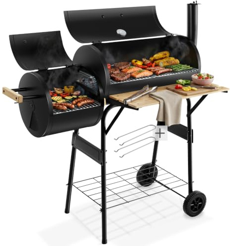 tectake® Barbecue charbon 2 en 1, fumoir, 110x60x116, 2 compartiments | 110 x 60 x 116 cm, arrivée d'air réglable, 2 roues mobiles, cheminée pivotante, grilles chromées, bacs galvanisés, noir