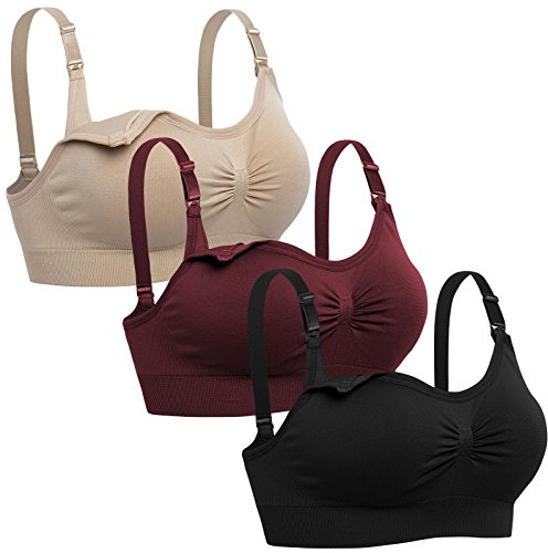 Lataly dam sömlös amnings-bh sovande moderskap bralette för amning 3-pack, Svart beige röd, L