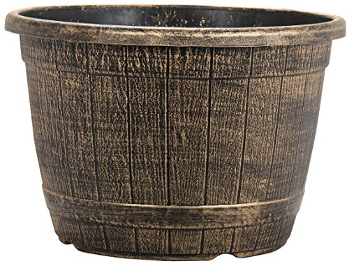 Muddy Hands Bronze Wooden Barrel Effect Plant Pot Round Plastic Planter Outdoor Garden Flower Tree Herb (1, 25.8 Litre)