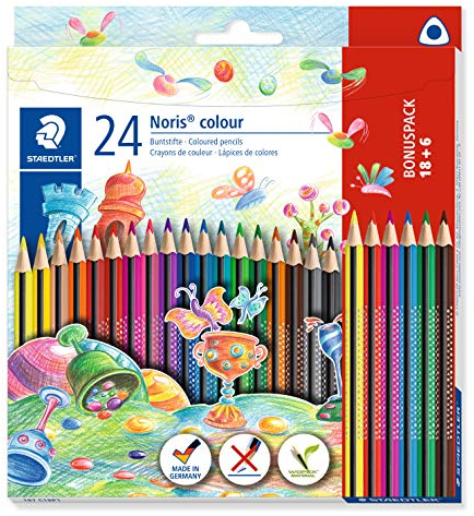 STAEDTLER Noris Colour Buntstift (erhöhte Bruchfestigkeit, Dreikantform, attraktives Design, ergonomische Soft-Oberfläche, WOPEX-Material, Bonus-Set mit 24 brillanten Stiften im Kartonetui), 187 C18P1