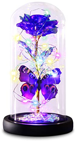 Greenke Mothers Day Rose Gifts for Mom, Galaxy Purple Butterfly Rose in Glass Dome, Light Up Forever Roses Birthday Gifts for Women Mom Grandma, Eternal Rose Gift for Her Anniversary, Mother Gift