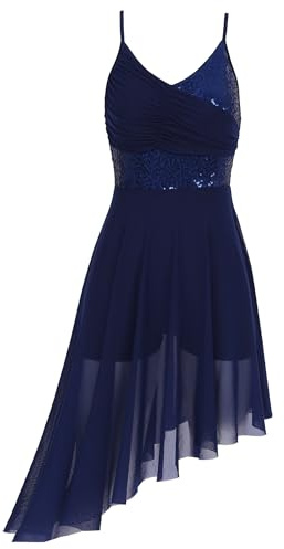 Oyolan Robe Danse Latine Femme Paillette Asymétrique Robe de Danse Salsa Rumba Chacha Tango Costume Spectacle Performance S-XL Bleu Marine S