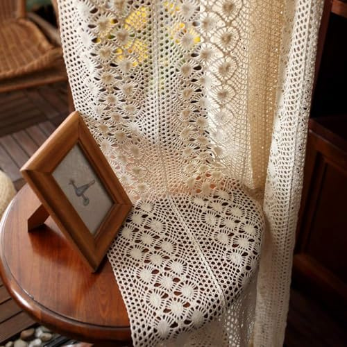 Yunsurey Rustic Crochet Curtains for Living Room Farmhouse Knitted Cotton Curtain Panels for Home Decor Room Divider Rod Pocket Boho Hollow Lace Curtains for Sliding Glass Door 1 Panel W39 X L59 Inch