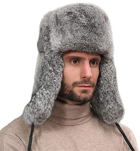 KAISHIN Unisex Winter Vollfell Kaninchenfell Bomber Hüte Russische Ushanka Fliegermützen für Männer Frauen Baumwolle Layer Ski Hüte (as3, Alpha, 3X_l, Grau)