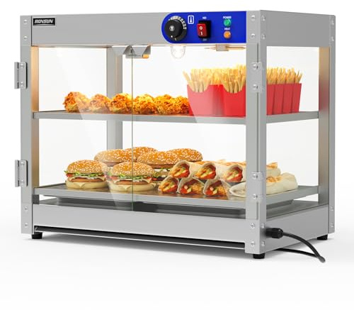 ROVSUN Food Warmer Display Pizza Warmer, Commercial Countertop Food Warmer Electric with Removable Shelves LED Lighting Glass Door, Pastry Display Case for Restaurant Buffet 800W (2 Tiers)