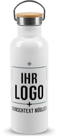 Print Royal PR Edelstahl-Trinkflasche bedrucken - Trinkflasche personalisiert mit Logo und Text - Thermosflasche, Wasserflasche BPA-frei, Werbegeschenk, Kollegen | Haltebügel, Bambusdeckel, 500 ml