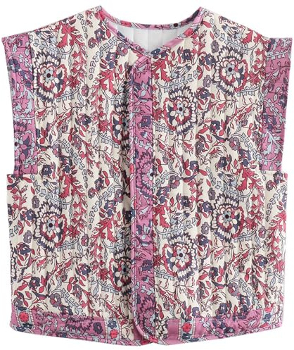 Wyeysyt Gilet court matelassé à motif floral pour femme - Léger - Sans manches - Rembourré, 05 Violet, Small
