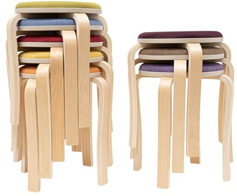 TaNeHaKi Set Of 8 Stackable Wooden Round Stools,Colors Stacking Wooden Chairs Upholstered Barstools For Home Kitchen Office