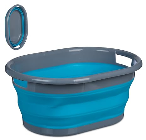 Relaxdays Wäschekorb faltbar, 21 Liter, Wäschewanne Kunststoff, platzsparend zusammenklappbar, mit Griffen, blau/grau