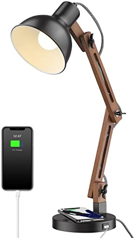 ELYONA Schreibtischlampe Holz mit Induktiver Ladestation & USB-C, Sapeli Massivholz Tischlampe mit Schwenkarm, Retro Leselampe für Büro & Schlafzimmer, Inkl. 3-Farben LED, Schwarz Industrial Design