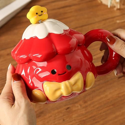 Tasse Weihnachten aus Keramik, 420ml Weihnachtstasse Weihnachtsbaum mit Griff, 3D Weihnachtsbaum Weihnachtsbecher Porzellan, Weihnachtsdeko Kaffeebecher Weihnachten mit Deckel und Löffel (Rot)