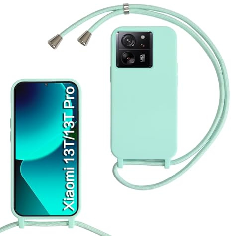 Funda Silicona con Cuerda para Xiaomi 13T Pro/Xiaomi 13T, Carcasa Suave Silicona Case con Correa Colgante Ajustable Collar Correa de Cuello Cadena Cordón para Xiaomi 13T Pro/Xiaomi 13T (Verde Claro)