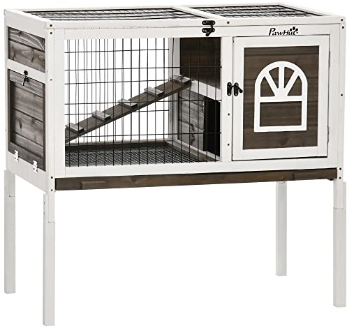 PawHut Kaninchenstall Kaninchen-Innenstall, mit 1 herausnehmbaren Behälter, 2 verschließbaren Türen, 1 Leiter Kaninchenstall aus Holz für 1 bis 2 Kaninchen, 90 x 53 x 87 cm, Kaffee