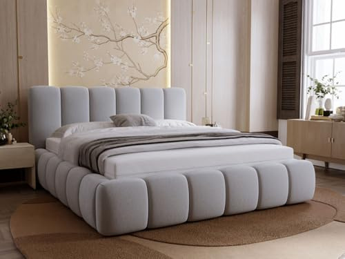 GRAINGOLD Royal Bett 200x200, Polsterbett mit Bettkasten, Polsterbett mit Stauraum, Samt, mit Lattenrost, mit Kopfteil, ohne Matratze (Hellgrau, 200x200)