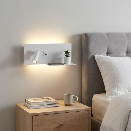 Alpinaluz Applique LED da Parete Bianca con USB-C e USB-A, Lampada Comodino 7W + Luce Lettura 3W 2700K, Interruttori Indipendenti, Mensola in Metallo, Stile Moderno Minimalista Industriale Vintage