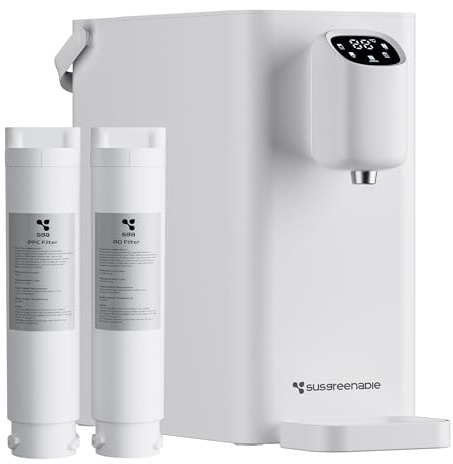 SUSGREENABLE Tragbarer Umkehrosmoseanlage Heißwasserspender Trinkwasser Wasserfilter, 2,4 l Wassertank, 5 Temperatureinstellungen, 4-in-1 Umkehrosmose Filter, 3:1 Rein zu Abfluss, 3 Sek. Heißwasser