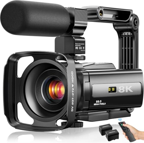 8K Video Camera 88MP UHD WiFi Vlogging Cameras for YouTube 18X Digital Zoom IR Night Vision 3.0'' Touch Screen Camcorder with 32GB Card, Microphone, Lens Hood, Stabilizer, Remote, Two Batteries