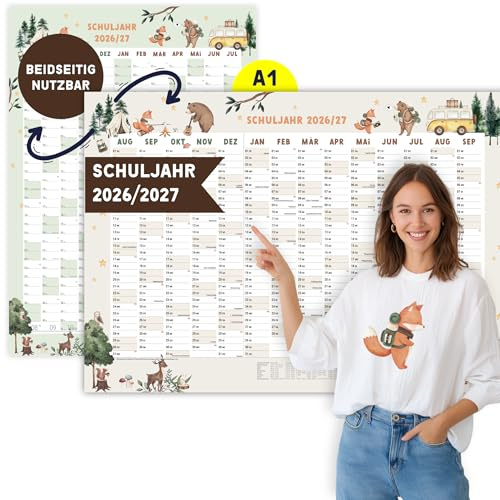 heaven+paper Skolårsplanerare 2026/2027 | Skolårskalender 26/27 A1 | Väggkalender 2026 2027 tillverkad av FSC naturpapper | årsplanerare | Tillverkad i Tyskland (skogsdjur, A1)