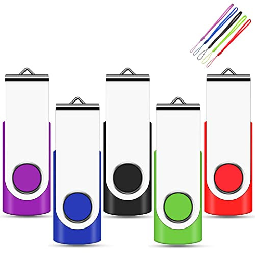 4GB USB Stick 5 Pack, EASTBULL Memory Sticks USB 2.0 with 5 Color Lanyards | Metal Flash Drive Swivel Design Fold Storage