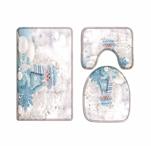 A.Monamour Badezimmer Badematte 3 Teilig Set Winter Weiß Schnee Schneemann Schneeflocke Weihnachten Thema Kissen Für Toilettenzubehör Flanell Saugfähig Badteppiche Badvorleger Badgarnitur WC Vorleger