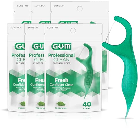 GUM Professional Clean Floss Picks - Extra Strong Shred-Resistant Floss, Easy Grip Handle - Dental Flossers for Adults - Fresh Mint Flavor, 40ct (6pk)