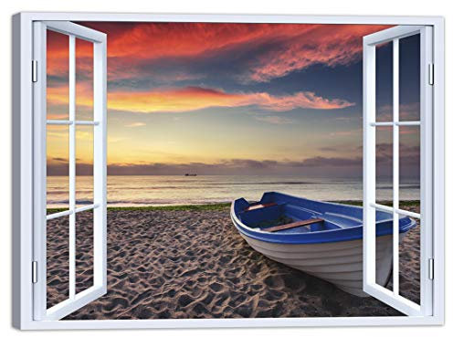 LuxHomeDecor Quadro Finestra Spiaggia Mare Barca 100x75 cm Stampa su Tela con Telaio in Legno Arredamento Arte Arredo Moderno