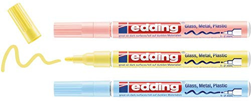 edding 751 Glanzlackmarker - gelb, rosa, blau (pastell) - 3er Set Lackmarker - Rundspitze 1-2 mm - Lackstift für Glas, Stein, Holz, Kunststoff und Papier - wasserfest, stark deckend
