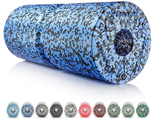 BODYMATE Faszienrolle CARE Mittel-Hart mit umlaufender Rille zu Wirbelsäulen-Entlastung mit E-Book - Schwarz/Blau 35x14cm