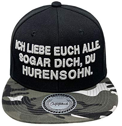 Outfitfabrik ♥ Snapback Cap Ich Liebe euch alle. Sogar Dich, du Hurensohn in schwarz/Camouflage mit 3D-Stick in weiß (Lifestyle, Provokation, Statement, Army, Tarnmuster, camo)