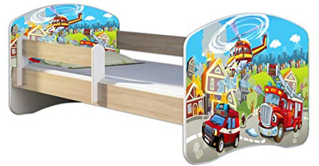 ACMA Kinderbett Jugendbett mit Einer Schublade und Matratze Sonoma mit Rausfallschutz Lattenrost II 140x70 160x80 180x80 (36 Feuerwehr, 180x80)