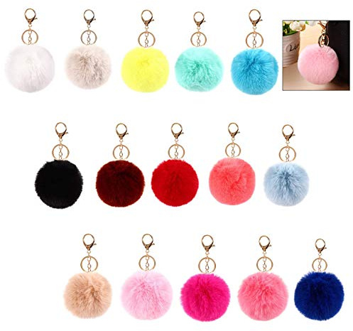 XLKJ 15 Stück Schlüsselanhänger Plüsch Taschenanhänger Pompom Keychain Anhänger Mädchen Schlüsselbund Handtaschen Deko