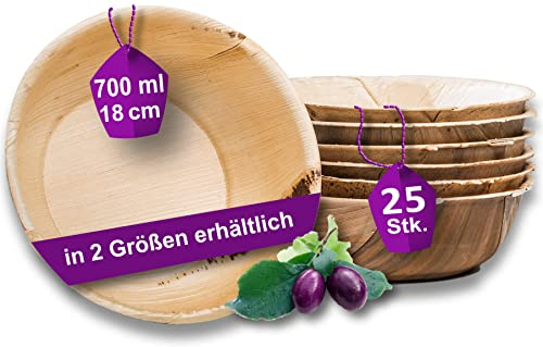 Waipur Ciotole in Foglia di Palma Ecologici - 25 Pz 18 cm / 700 ml - Stoviglie usa e getta Biodegradabili di Alta Qualità - Eleganti e Resistenti - Simile al Bamboo e al Legno