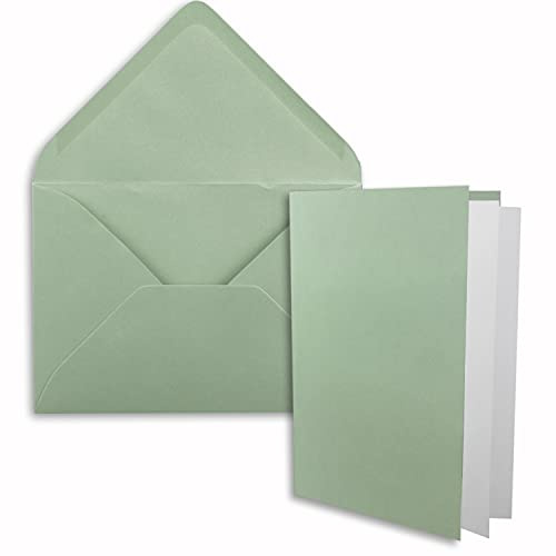 50x DIN B6 Faltkarten Set mit Umschlägen in Eukalyptus - 120 x 170 mm - inkl. weißem Einlege-Papier - ideal für Einladungskarten, Hochzeit, Taufe, Kommunion, Konfirmation