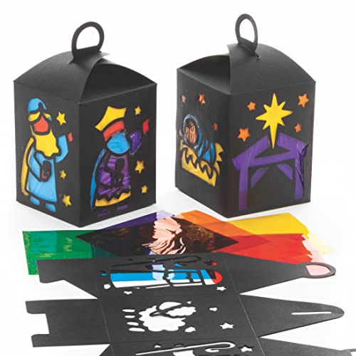 Baker Ross FC246 Weihnachtskrippe Laternen Bastelsets für Kinder- 4er Pack, Papierlaternen mit Buntglaseffekt zum Basteln und Dekorieren für Kinder